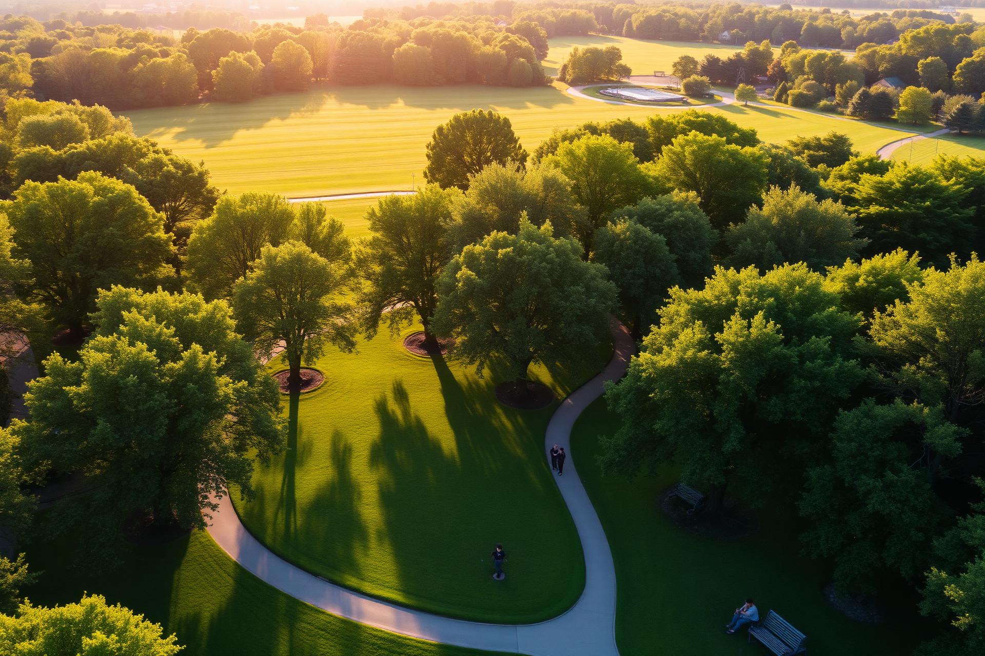 Aerial view of a community park in Hilton, New York at golden hour